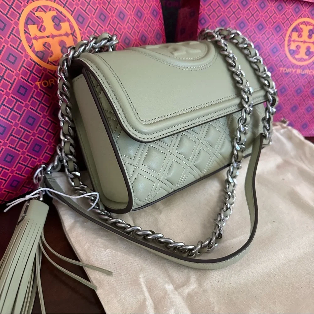 Tory Burch Olive Green Quilted Leather Shoulder Bag with Chain Strap